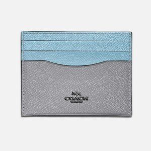 Coach NWT Leather Card Case Colorblock Pewter/Azure